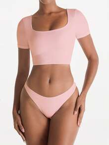 Top de yoga de cuello cuadrado de doble capa y ajustado, verano - Rosa Pálido - Ver 2