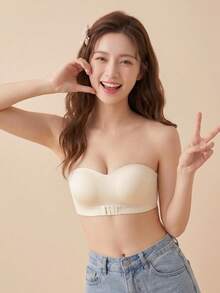 Strapless Minimalist Push-Up Bra, Solid Color Seamless Wire-Free Bra For Women, Sweet Backless Design, Comfortable Lift And Support, Thick Cup Bra Suitable For Small Chests [Flat Chest Special] - Champagne - View 2
