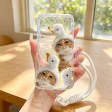 1pc Cat & Duck Pattern Cream Wavy Anti-Drop Protective Phone Case + Lanyard Accessory Compatible With Galaxy S23/S24/S25/S26/S26Ultra/S26 Plus/A57/A37/A17/A07/ Note13Pro/ A3X/ Y21 Series Android Models - Clear - View 4