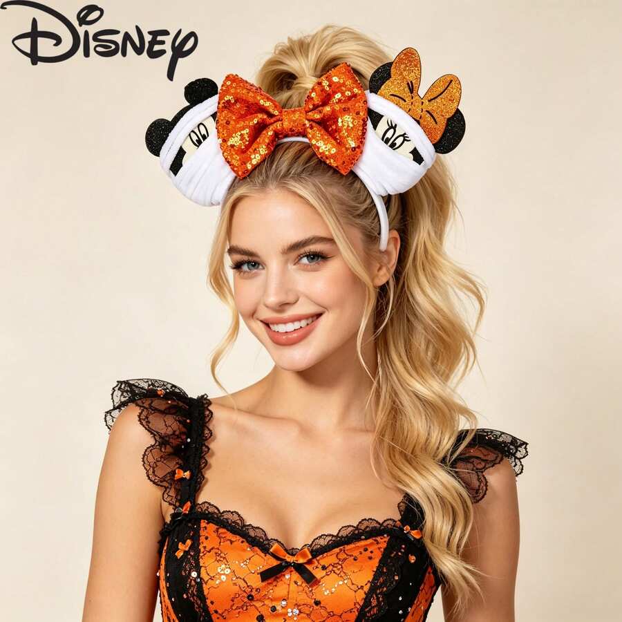 Disney Orange Sequin Bow Mickey Ears Headband, Vintage Halloween Mummy Design, Fabric Wrapped Sequin Accessory, Halloween Parade And Theme Party Cosplay Photo Prop - Style 1 - View 1