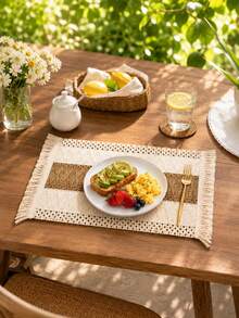 1pc Bohemian Style Woven Placemat, Rustic Farmhouse Burlap Table Mat With Tassels, Nordic Style Table Decor Mat, Coffee Table Mat, Home Bowl & Plate Mat, Home Decor - Multicolor - View 1