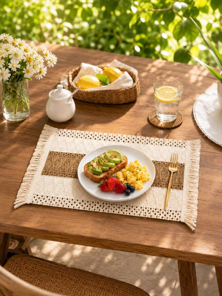 1pc Bohemian Style Woven Placemat, Rustic Farmhouse Burlap Table Mat With Tassels, Nordic Style Table Decor Mat, Coffee Table Mat, Home Bowl & Plate Mat, Home Decor - Multicolor - View 1