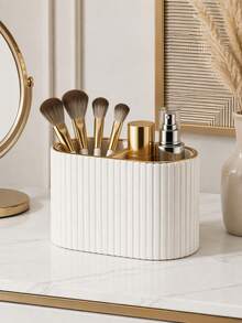 Makeup Brush Holder/PU Leather Cosmetic Display Box/Retro Striped Makeup Brush Rack - Suitable For Vanity Decoration, Bathroom Countertop, Desk Storage Cosmetic Display Box (Cream) , Makeup Room Decor,Makeup Bag,Travel Essential - Multicolor - View 6