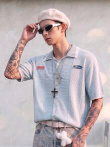 BLACKTOEXIT 春夏新款男女款厚條紋休閒鏤空針織 Polo 領鈕扣短袖上衣 - 藍色 - 查看 4