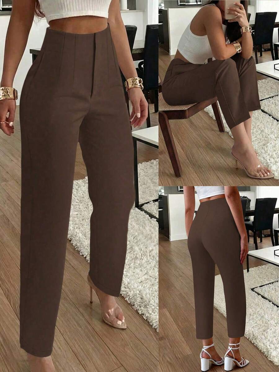 Pantalones largos elegantes para mujer con pliegues, bolsillos laterales y pierna cónica para ir al trabajo