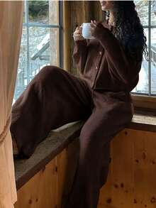 FOR BEAUTY Fall Winter Women Sweater Sets Elegant Vacation Y2K Coffee Knit 2 Pieces Set Cropped Cardigan Tops Drawstring Wide Leg Pants Daily Outfits - Brown - View 4