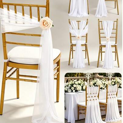 10pcs Elegant White Chiffon Chair Back Covers Set, Corridor Wedding Chair Back Decoration, Church Chiffon Banquet Ceremony Reception Chair Set, Photography Props, Birthday Party Home Decor