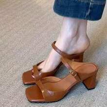 Women's 2026 Summer New Open Toe Slide Sandals, Retro Square Toe Chunky High Heel Commuter Comfortable Wear Shoes - Brown - View 1