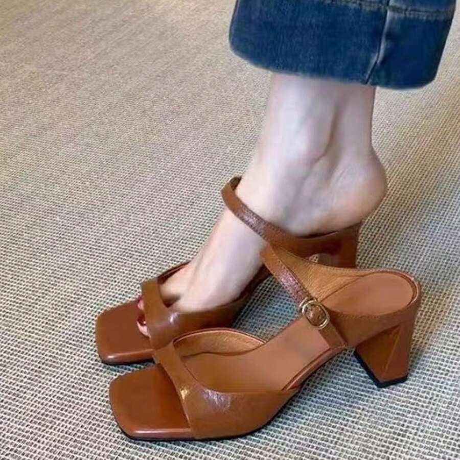 Women's 2026 Summer New Open Toe Slide Sandals, Retro Square Toe Chunky High Heel Commuter Comfortable Wear Shoes - Brown - View 1