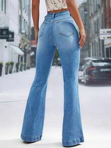 Women's High Waist Wide Leg Jeans With Button Detail - Blue - View 5