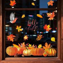 4入組「Hello Fall」窗貼，知更鳥、南瓜與楓葉圖案窗貼，雙面秋季豐收感恩節玻璃貼紙，適合居家窗戶裝飾 - 彩色 - 查看 8