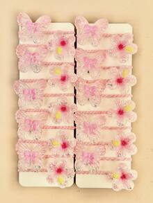 24pcs Random Mixed Pink Glitter Butterfly & Flower High Elastic Hair Ties For Girls, Versatile Daily Hair Accessories, Back To School - Multicolor - View 6