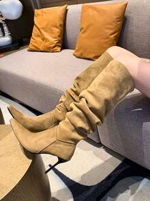2026 New Khaki Pointed Toe Ruched Stacked Knee-High Boots, Thin High Heel Side Zipper Loose Ruched Slim Long Boots For Women, Autumn/Winter - Khaki - View 2