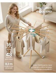 SONGMICS Tendedero de Pie, Giratorio, Extensible, 16 Brazos de Madera, 112 x 112 x 122 cm, Plegable, para Lavadero y Balcón, Natural MLLR530YW01 - natural - Ver 4