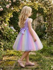Young Girls 3D Floral Colorful Mesh Satin Luxurious Party Dress Suitable For School Prom, Floral Position And Color Not Fixed, Headband Not Included - Purple - View 3