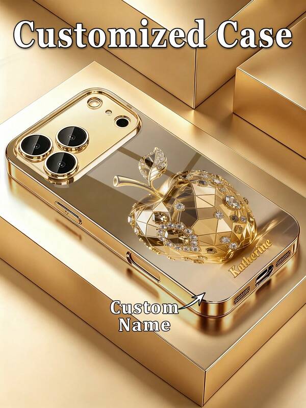 Coque de téléphone personnalisable avec nom, motif décoratif en strass à la mode, verre électrolytique doré haute définition, compatible avec 17 Pro Max/16 Pro Max/15/14 Plus/13 Pro/12 Pro Max/11/Xs Max/8/7/6 Plus, mignon, luxe, cadeau personnalisé, esthétique, cadeau pour elle, esthétique Y2K