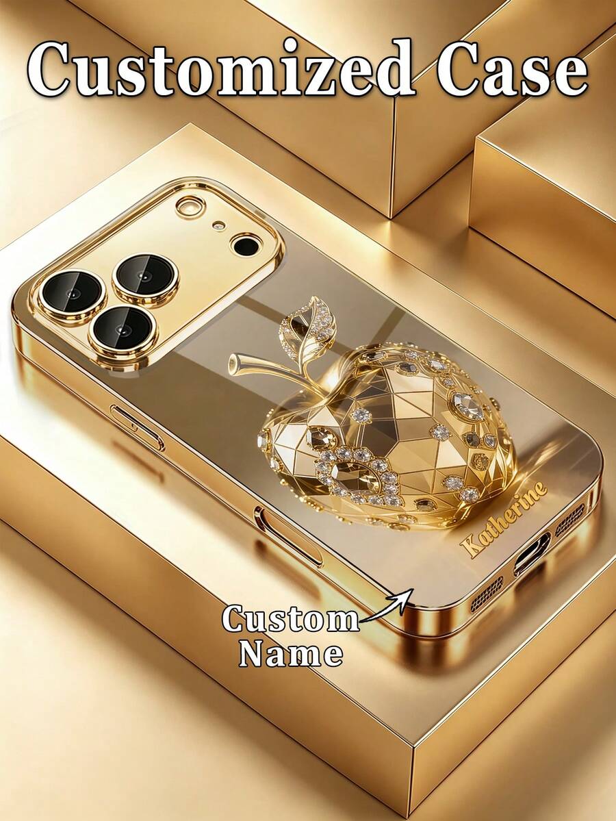 可客製化姓名時尚水鑽裝飾圖案高畫質電鍍金玻璃手機殼,適用 17 Pro Max/16 Pro Max/15/14 Plus/13 Pro/12 Pro Max/11/Xs Max/8/7/6 Plus,可愛奢華個性化禮物,美學風格,送給她的禮物,Y2K 美學 - 金色 - 查看 1