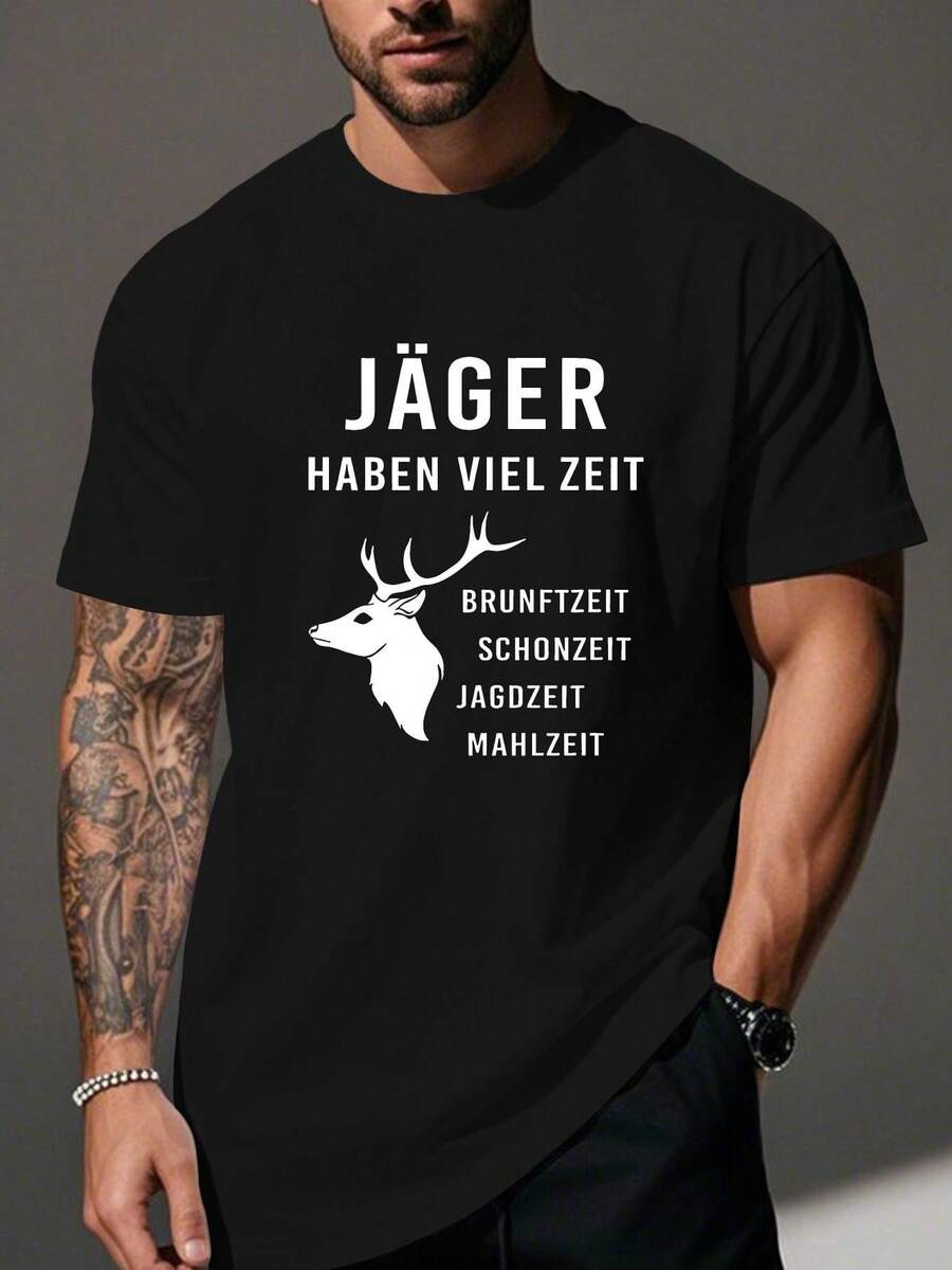 Lustiges deutsches Crinkle-T-Shirt in Übergröße für Herren, lässiges T-Shirt mit Rundhalsausschnitt und kurzen Ärmeln für Damen - Schwarz - Übersicht 1
