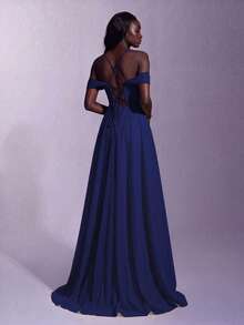 Elegant Women's Navy Blue Long Cocktail Dress, Flared Dress Romantic Formal Ball Gown Wedding Party Fall - Royal Blue - View 2