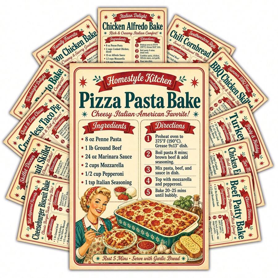 20pcs Vintage Baking Theme Recipe Postcards, Classic Food Recipe Wall Collage Set, Home Kitchen Decor Mini Posters, Retro American Baking Decorative Cards With Ingredients And Instructions