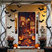 1 pieza Pancarta de puerta de Halloween oscura, calabaza multicolor, esqueleto, bruja, calavera, pared agrietada de terror, tela para cubrir la puerta, decoración espeluznante para el porche delantero y la puerta principal del hogar, decoración para fiesta de Halloween, casa embrujada, entrada del jardín, fondo de cabina de fotos, Navidad, Halloween - Fondo de Halloween - Ver 11