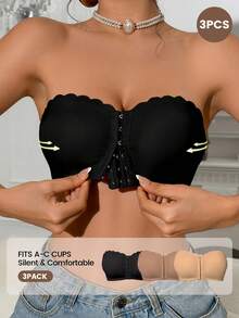 3 Buah Bra Bandeau Berbentuk Kipas Warna-warni dengan Penutup Depan, Bra Tanpa Tali, Tak Terlihat, Tanpa Kawat, Nyaman, dan Anti Selip yang Lebih Tebal untuk Wanita - MultiWarna - View 4