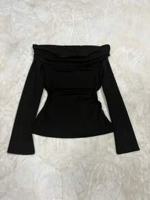 Plus Size Women's Casual Solid Color Off‑Shoulder Long Sleeve Top, Soft Medium Stretch Daily Dating Outfit, Spring Autumn/Winter Black - Black - View 6