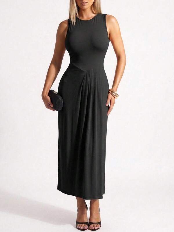 Women's Elegant Pleated Solid Color Dress, Street Vintage Style