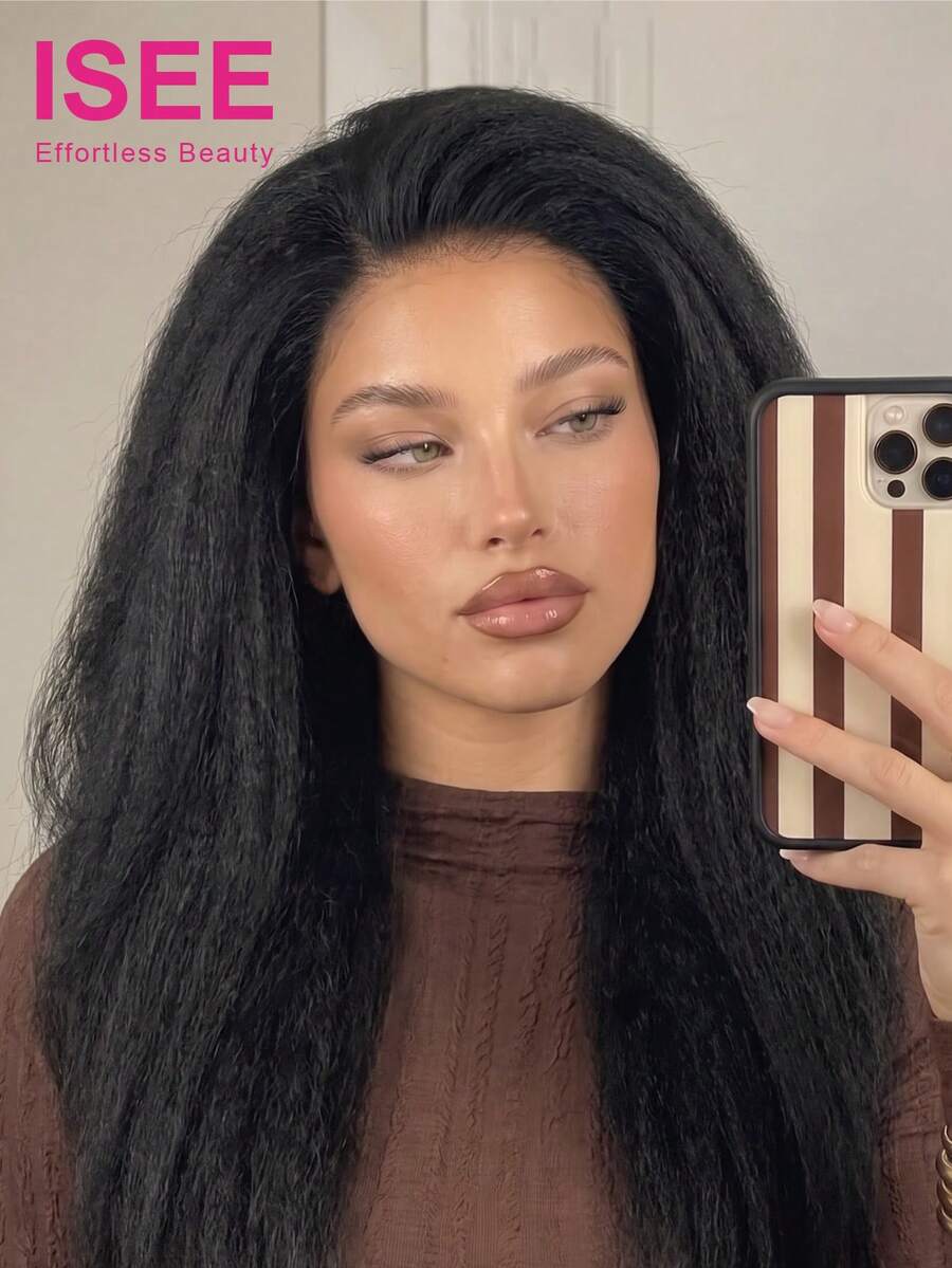 ISEE Hair Kinky Straight Glueless Lace Wig 9x6 Lace Pre-Bleached Natural Color 8-28 Inch 180% Density Soft & Silky Natural Scalp Look Realistic Parting Pre-Cut Lace Wear & Go Low Maintenance Beginner Friendly For Women - SNatural - View 1