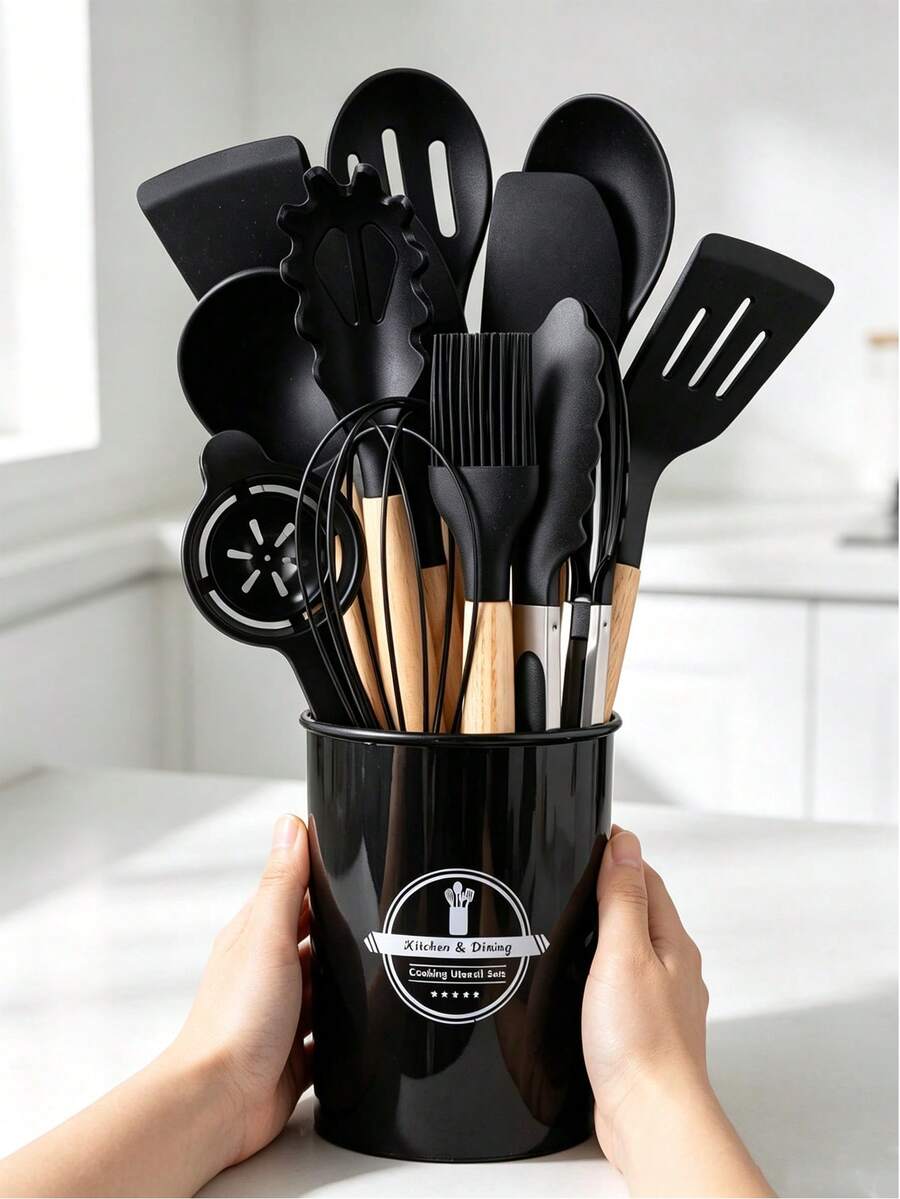 5/12/14/36pcs Kitchen Cooking Utensils Set,Non-Stick Silicone Cooking Kitchen Utensils Spatula Set With Holder, Wooden Handle Silicone Kitchen Gadgets Utensil Set - Multicolor - View 1