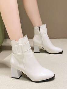 Women's Fashion Pointed Toe Ankle Boots With Buckle Design, Ankle-High Slimming Vintage High Heel Boots For Autumn/Winter - White - View 4