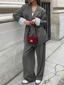 2pcs Solid Color Double Buckle Waist Belt Suit, Fashionable For Daily, Dating, Office Wear, Spring/Autumn Fall - Grey - View 3