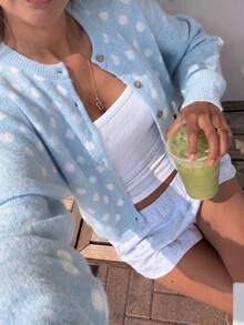 FOR BEAUTY Fall Winter Women Cardigans Y2K Elegant Cute Light Blue Polka Dot Crew Neck Button Down Knit Cardigan Tops Casual Party Going Out Outfits - Blue and White - View 1