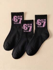 3 Pairs Kids Ribbed Crew Socks,Black And White Contrast Hosiery With Pink Number 67 For Back To School,Halloween, Casual Essentials For Students - Multicolor - View 6