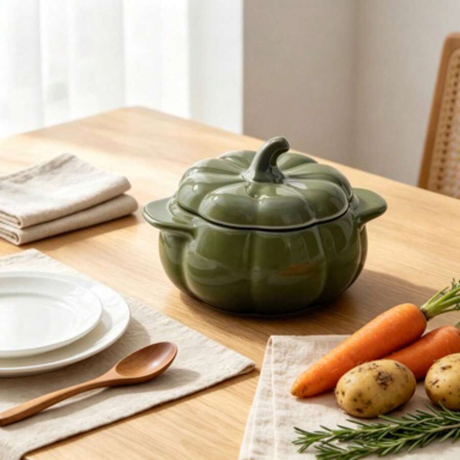 Green Figural Pumpkin Stoneware Cocotte With Lid, 3-Pack - View 1