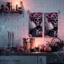 2/4/48pcs Halloween Series Pink Flower Skull Skeleton Pattern Printed Kitchen Towels - Ultra Soft, Highly Absorbent Polyester Dishcloths And Hand Towels, Perfect For Holiday Decor, Kitchen Decor, Party Decor - Multicolor - View 2