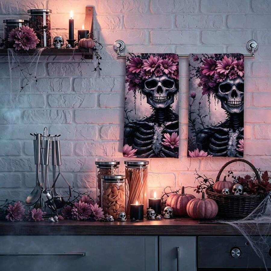 2/4/48pcs Halloween Series Pink Flower Skull Skeleton Pattern Printed Kitchen Towels - Ultra Soft, Highly Absorbent Polyester Dishcloths And Hand Towels, Perfect For Holiday Decor, Kitchen Decor, Party Decor