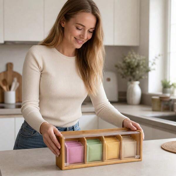 Caixa de Arrumação em Madeira de Bambu 28,5 cm com 4 Compartimentos, Organizador de Secretária com Tampa Transparente para Saquetas de Chá, Snacks e Artesanato