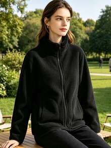 Women's Autumn/Winter Street Casual Fleece Jacket, Comfortable Soft Skin-Friendly Fashion Jacket - Black - View 3