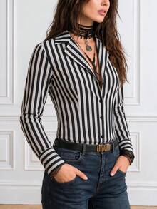 Women's Vertical Striped Satin Shirt, Long Sleeve Lapel Collar, Casual Blouse Suitable For Summer, Vacation, Work, Outings, Parties And Graduation - Black and White - View 6