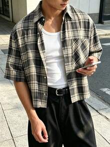 Camisa holgada de manga corta a cuadros para hombres (con botones) - Azul - Ver 2
