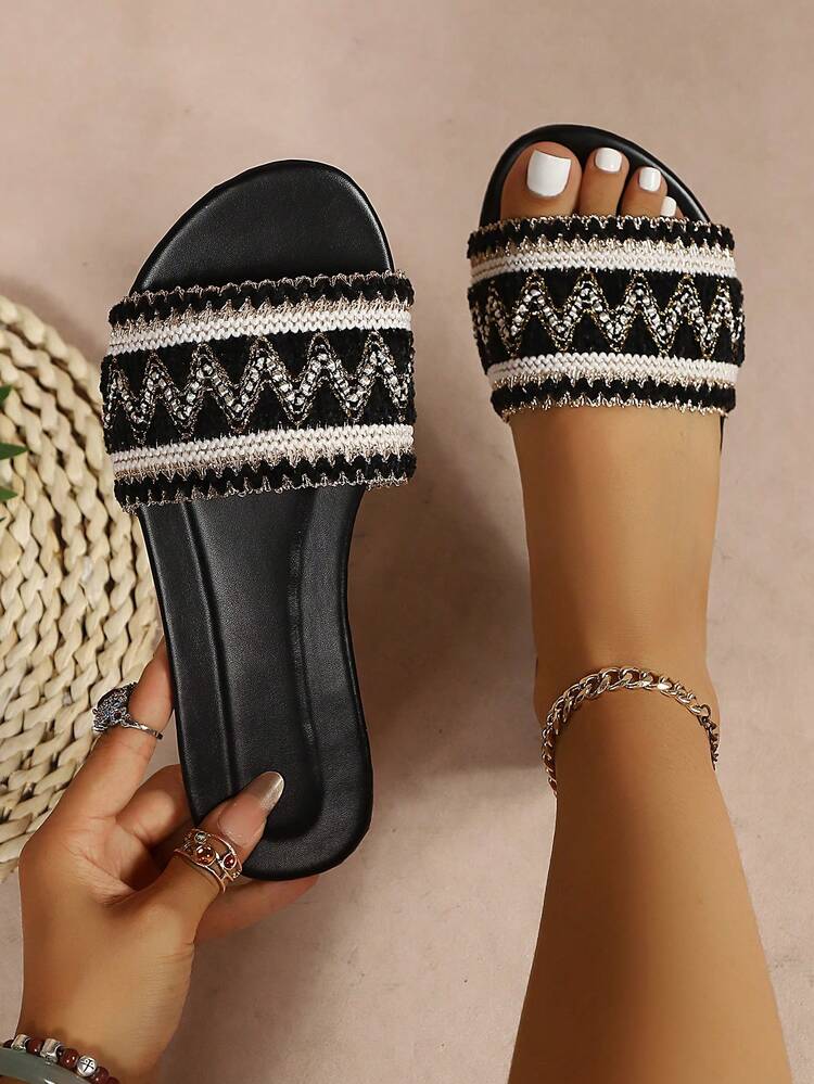 Wavy Woven Slide Sandals For Women, Black And White Contrast Rhinestone Flat Outdoor Slippers, Summer Casual Vacation Beach Slides, Bohemian Vintage Striped Open Toe Sandals, Home Shopping Lightweight Soft Sole Non-Slip Slippers, European And American Niche Design Versatile Casual Women's Flat Slides - Black - View 1