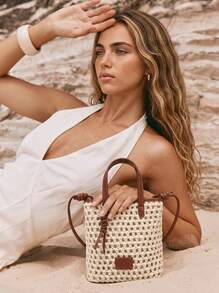 CAJUNI Women's Summer Woven French Fries Bucket Bag, Handbag, Shoulder Bag & Crossbody Bag - Beige - View 5