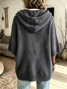 Plus Size Hooded Knit Sweater, Loose 3/4 Sleeve Drawstring V-Neck Pullover, Women's Winter Vacation & Outdoor Wear - Dark Grey - View 2