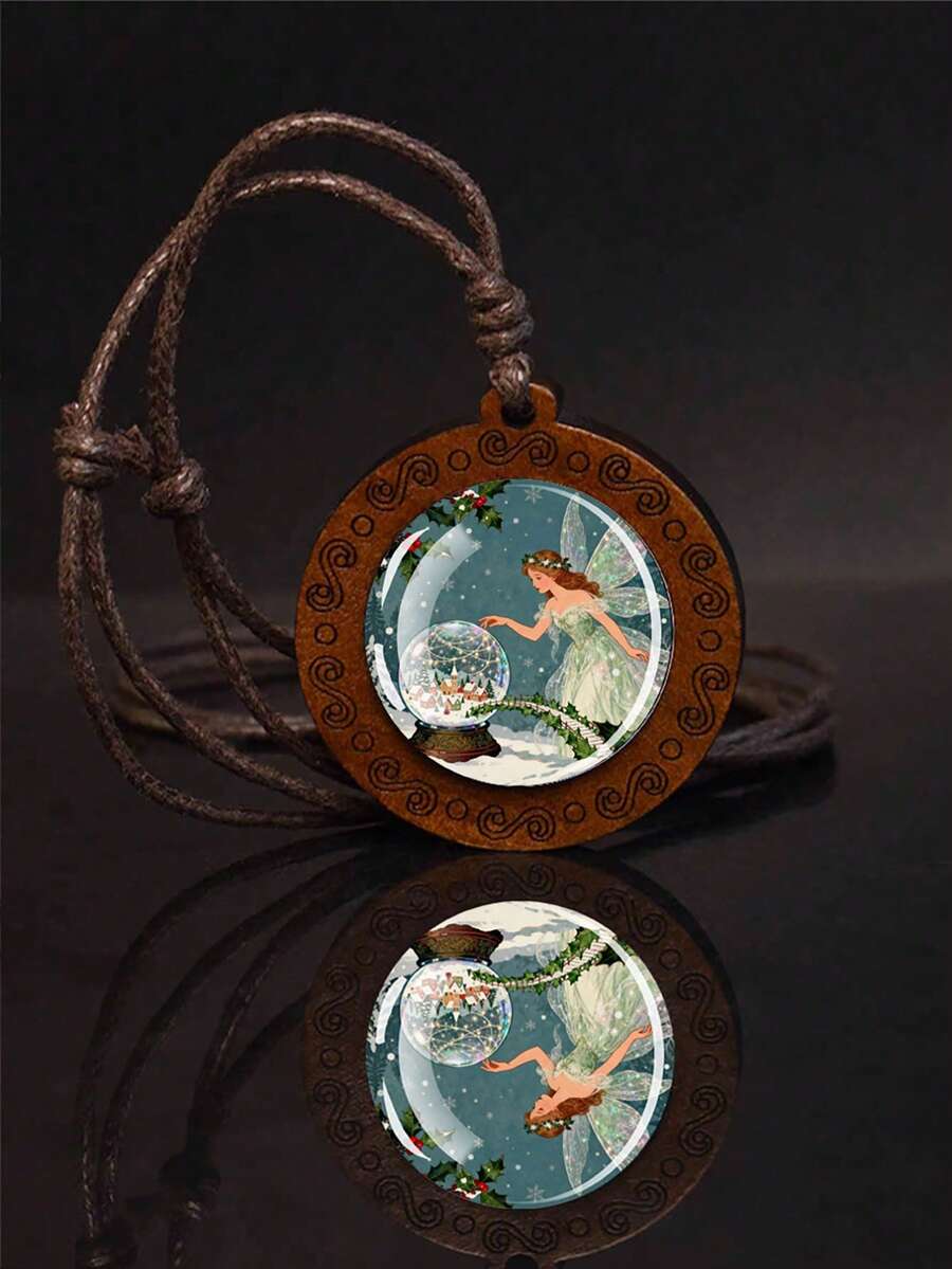 1PC Elf Wooden Necklace Winter Forest Fairy Glass Pendant Adjustable Rope Chain Necklace - Brown - View 1