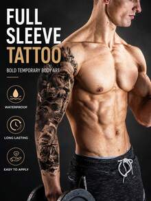 1 Pc Full Arm Temporary Tattoo Sleeve, Black & Grey Gothic Skull Warrior Ship Design, Steampunk Mechanical Style Fake Tattoo Sticker, Realistic Body Art, Waterproof Long Lasting Tattoo Transfer For Men - Black - View 5