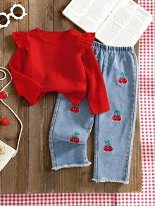 Girls Red Waffle Knit Flutter Sleeve Long Sleeve Top & Cherry Embroidered Frayed Hem Straight Leg Denim Jeans 2 Pieces Set, Sweet Style Spring/Autumn - Red - View 3