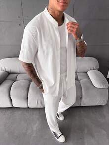 YUNCHIC Summer Ice Silk Textured White Stand Collar Short Sleeve Set Men's Lightweight Breathable Casual 2 Pieces Outfit Vacation Commute Draped Long Pants - White - View 2