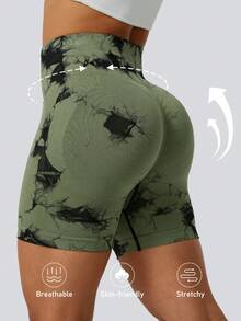 女款 1 件裝 紮染拼接色 羅紋無縫抓皺高腰運動短褲，適合騎行夏季 - 綠色 - 查看 1