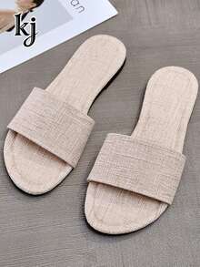 Women's Open Toe Woven Texture Single Strap Slip-On Slides, Flat Breathable Indoor/Outdoor Casual Sandals - Beige - View 6